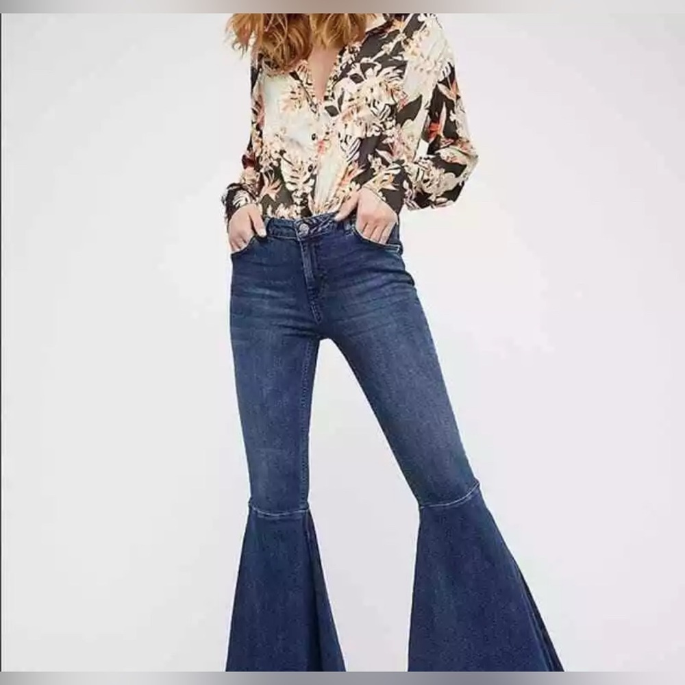 Free People Women's Ruffle Flared Leg Denim Jeans Blue Size 26